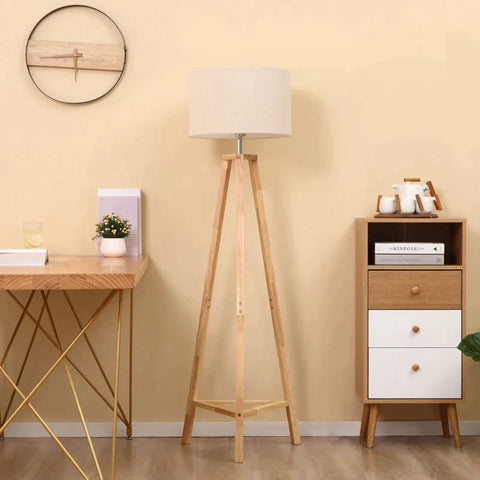 Rootz Floor Lamp - Tripod Floor Lamp - Modern Floor Lamp With E27 Socket - Linen Shade  - Wooden Base For Bedroom Office Living Room - White + Natural - 47 x 47 x 147 cm