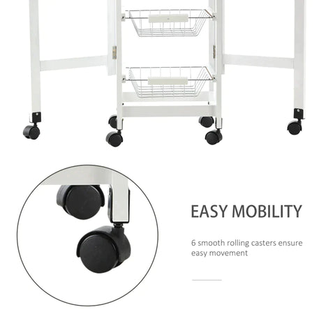 Rootz Kitchen Trolley - Drop-leaf Kitchen Trolley - Baskets Drawer - 6 Wheels Rolling Storage Unit - Kitchen - Home - Dining Cart - White/Brown - 97.2 cm x 37 cm x 77.5 cm