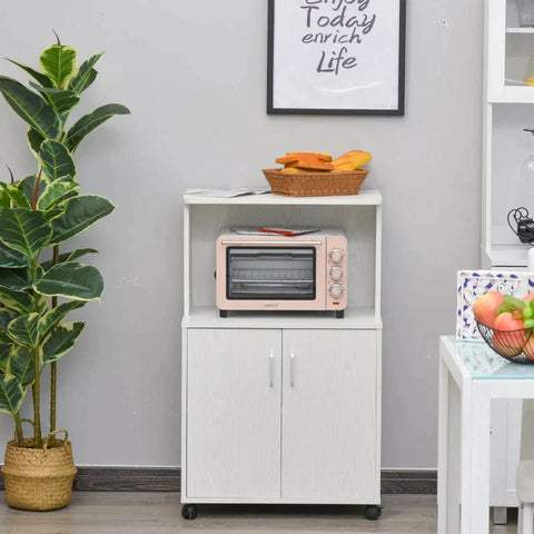 Rootz Kitchen Cabinet - Kitchen Storage Unit - Modern Microwave Stand Trolley Cart - Sideboard with Cabinet - Locking Wheels - Shelf for Living Room - Dining Room - White - 24" x 16" x 38"