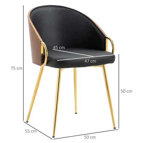 Rootz Set Of 2 Dining Chairs - In Retro Design - Accent Chair - Kitchen Chair - Black + Gold - 50cm x 55cm x 75cm