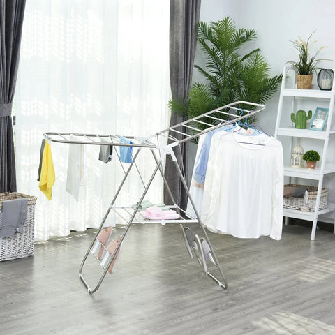 Rootz Folding Clothes Airer - Portable Wing Clothes Dryer - Stand Dryer with Telescopic Rods - Stainless Steel - Plastic - Silver - White - 146 x 60.5 x 98 cm