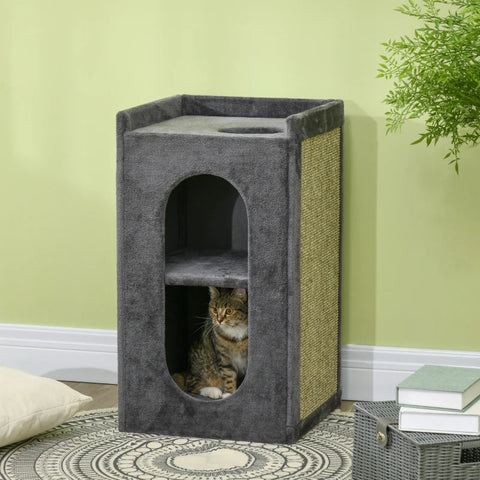 Rootz Scratching Barrel With 2 Cat Caves - Cat Tower - 1 Lying Surface - Sisal Scratching Mat - Plush - Chipboard - Gray + Natural - 45L x 45W x 81H cm