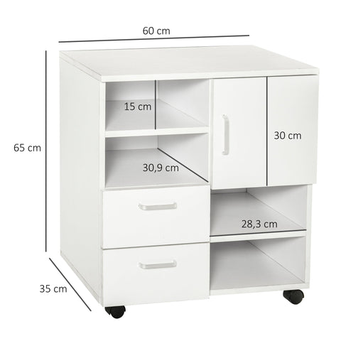 Rootz Sideboard - Sideboard - On Wheels - 2 Drawers - 1 Door - 4 Storage Compartments - 60 x 65 x 35 cm - White - Processed Wood