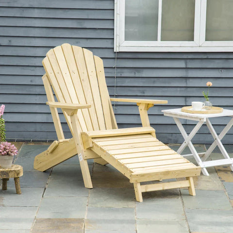 Rootz Garden Chair - Adirondack Garden Chair with Footrest - Folding Sun Lounger - Outdoor Garden Furniture - Natural Pine - 78 x 140 x 94 cm