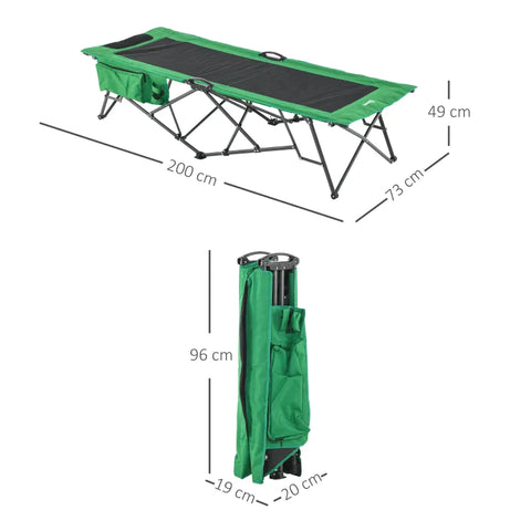 Rootz Camping Bed - Folding Bed - Portable Camping Bed - Side Pocket - Cup Holder - Green And Black - 200 x 73 x 49 cm