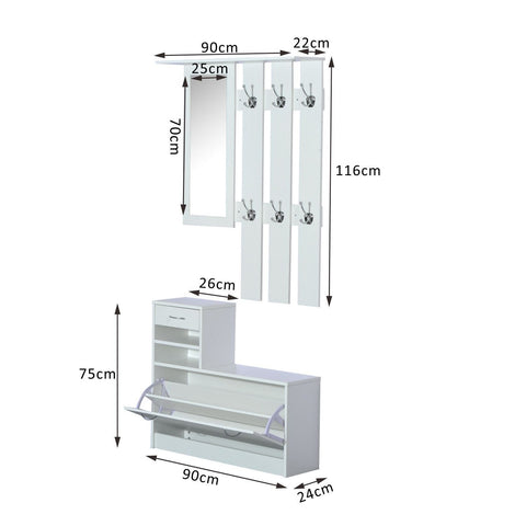 Rootz Wardrobe set - Shoe cabinet - Coat rack - Mirror - Wardrobe panel - Storage space - 1 drawer - 2 storage compartments - White