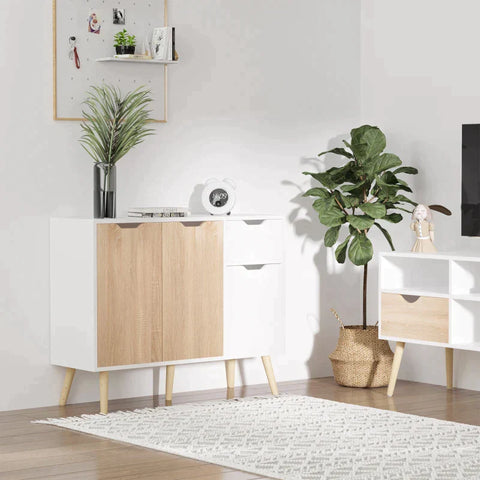 Rootz Sideboard - Sideboard With Cabinet And Drawers - Chest Of Drawers - Bedside Table - Side Cabinet In Scandinavian Design - Bedroom - Living Room - Home - Office - White And Natural - 90 x 30 x 72 cm