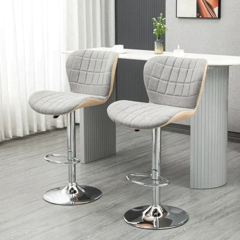 Rootz Bar Stool - Retro Design - Set Of 2 - Height-adjustable - Linen Look - Light Gray + Cream - 47.5L x 57W x 112H cm