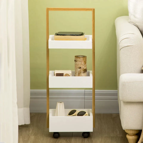 Rootz Rollable Shelf With 3 Storage Baskets - Bamboo Frame - 4 Wheels - Serving Trolley - MDF - White + Natural - 28 x 18 x 75 cm