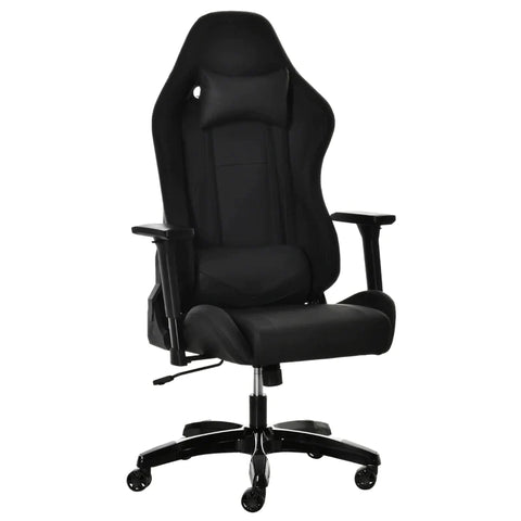 Rootz Gaming Stuhl – Bürostuhl – Ergonomischer Drehstuhl mit Kopfstütze – Stuhl mit Wipp- und Liegefunktion – Lendenkissen – 90–160° Neigungswinkel – Kunstleder – Schwarz – 71 x 58 x 125–131 cm
