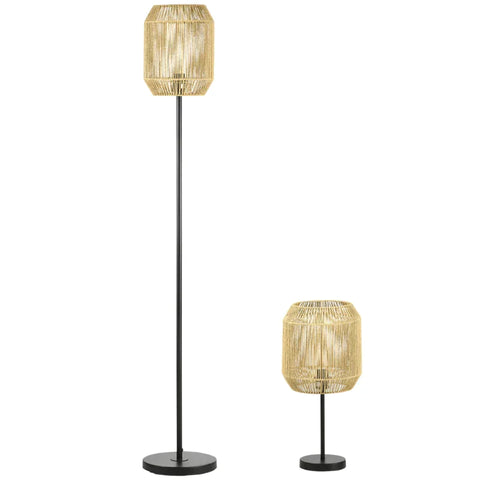 Rootz Floor Lamp - Bedside Lamp - 2-Part Light Set - 1 Floor Lamp - 1 Table Lamp - Metal/Paper String - Natural/Black - 38cm x 38cm x 158cm
