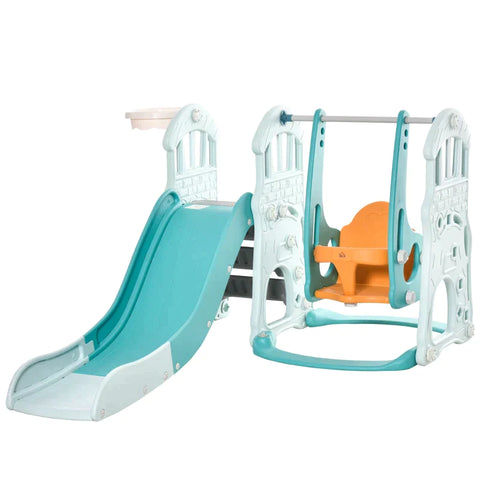 Rootz 3-in-1 glijbaan- en schommelset voor kinderen - Play Station - schommel en basketbalring - binnen - buiten - blauw/groen/geel - 149 x 186 x 98 cm