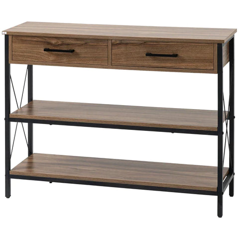 Rootz Console Table In Industrial Design - 2 Drawers - 2 Shelves - Wood Material - Brown + Black - 102 cm x 31 cm x 78 cm