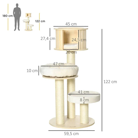 Rootz Scratching Post - Cat Tree - Climbing Tree - With Cat Cave - Sisal Posts - With Play Balls - Natural/Cream - 59.5 x 59.5 x 122 cm