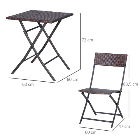 Rootz Rattan Chair Table Set  - Folding Table - Folding Chairs - Garden Furniture Set - Bistro Set - Balcony Furniture Set - Brown