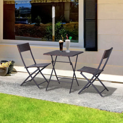 Rootz Rattan Chair Table Set  - Folding Table - Folding Chairs - Garden Furniture Set - Bistro Set - Balcony Furniture Set - Brown