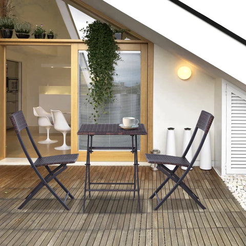 Rootz Rattan Chair Table Set  - Folding Table - Folding Chairs - Garden Furniture Set - Bistro Set - Balcony Furniture Set - Brown