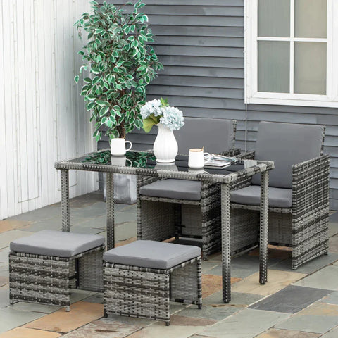 Rootz Poly Rattan Seating Group - Dining Set - Garden Set - 5 Pieces With Cushions - Grey - 120L x 60W x 72H cm