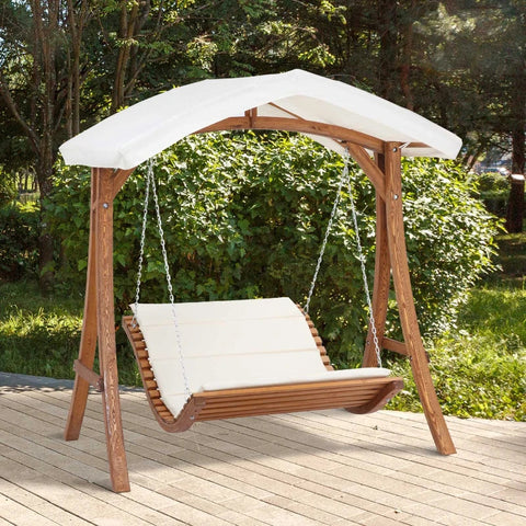 Rootz Swing Lounge - Hollywoodliege - Für 2 Personen - Gartenliege - Entspannungsliege - Doppelliege - Doppel-Sonnenliege - Mit Dach - Mit Sonnendach - Kiefernholz - Natur - 189,5 x 162 x 216 cm