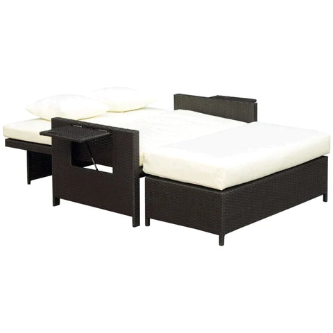 Rootz Poly Rattan Lounge Sofa - Garden Sofa - Sun Lounger - 2-seater - Cushion - Stool - Brown