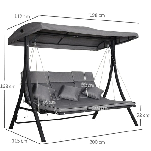 Rootz Garden Swing - hammock swing - Swing Bench - 3 Seater - Adjustable Canopy - Grey - 200 x 115 x 168 cm