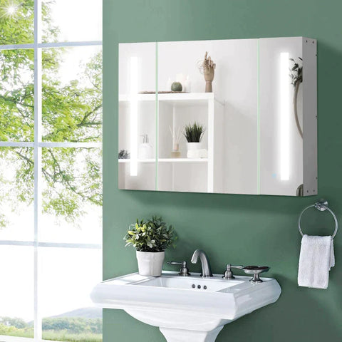 Rootz Mirror Cabinet - Bathroom Cabinet With LED Lighting - 3 Mirrored Doors - White - 90 × 15 × 65 cm