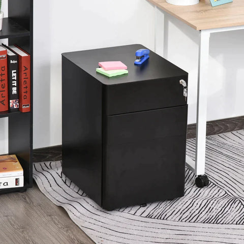 Rootz File Cabinet - Rolling Container - Office Container - 3 Drawers - Steel Metal - Home - Office - Black