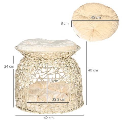 Rootz PE Rattan Cat House - 2 Tier Cat Cave with Cushion - Beige - 42cm x 42cm x 40cm