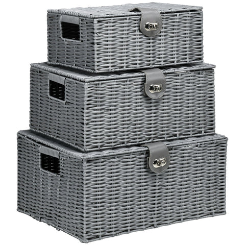 Rootz Storage Baskets - Set Of 3 Storage Baskets - Made Of PE Rattan - With Closure - Carrying Handles - Grey - 35.5 cm x 28.5 cm x 18 cm