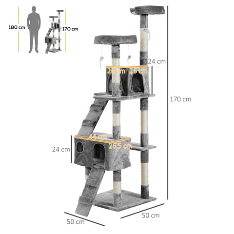 Rootz Scratching Post - Cat Tree - Cat Climbing Tree - Climbing Tree - Cat Tree Scratching House - With Cat Cave - Grey - 50 x 50 x 170 cm