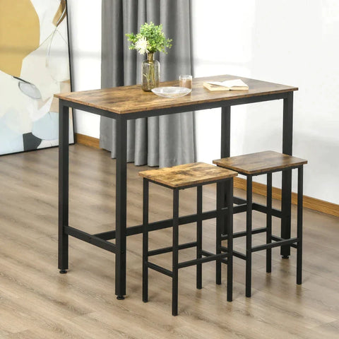 Rootz Table And Chairs Set - Bar Table Set - Kitchen Table - Bar Table - With 2 Bar Stools - Dining Room Set - Dining Set - Particle Board/Steel - Brown - 120 x 60 x 95 cm