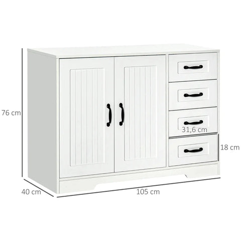 Rootz Sideboard - Storage Cabinet - Country-style Sideboard With 4 Drawers And 1 Cupboard - Dining Room - Kitchen - Living Room - White - 105 cm x 40 cm x 76 cm