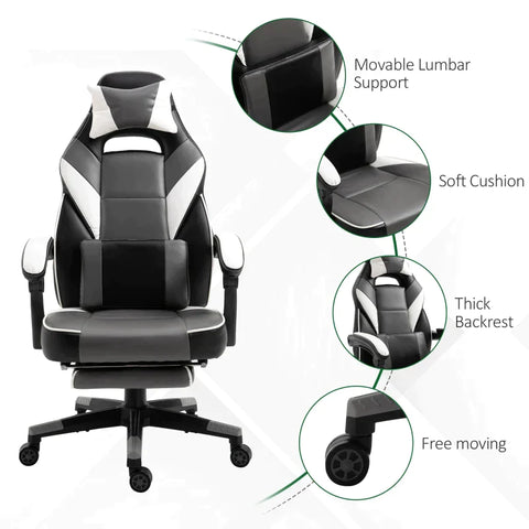 Rootz Gaming Chair - Massage Chair - Office Chair - Swivel Chair - Ergonomic Faux Leather - Foam - Grey+White+Black