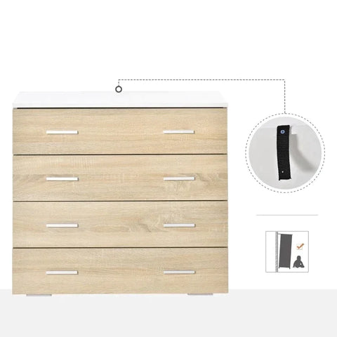 Rootz Drawer Cabinet -  Bathroom Cabinet - Chest Of Drawers With 4 Drawers - Bedroom - Living Room - White/Oak - 76 x 35 x 72 cm