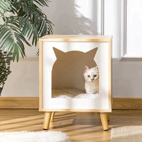 Rootz Cat Cave - Cat Bed - Side Table - Animal House - Cat Nest - Coffee Table with Cushion - Cat Motif for Bedroom Living Room - Natural Pine Wood - 40 x 40 x 50 cm