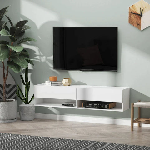 Rootz Tv Cabinet - Wall Cabinet - Tv Chest Of Drawers - Tv Stand - Lowboard - Modern Tv Table - Folding Compartments - Open Shelves - Chipboard - White -  140 x 32 x 31 cm