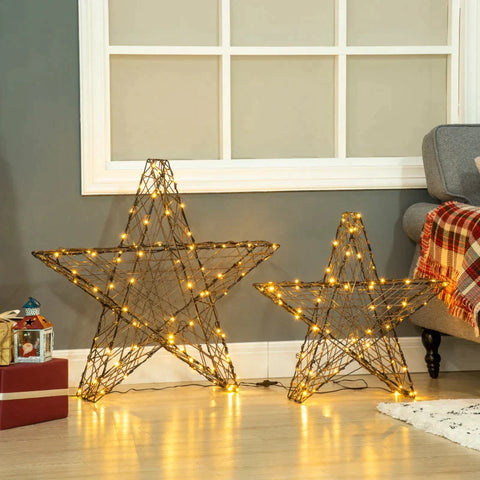 Rootz Christmas Star Light - Christmas Lights - Set Of 2 Christmas Stars - 160 LEDs - Weatherproof - Metal - Brown - 80 x 30 x 80cm