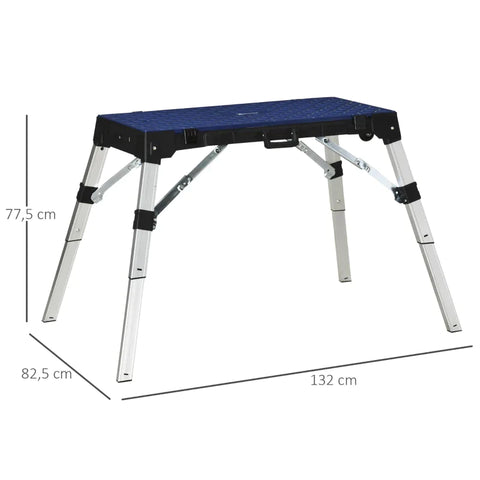 Rootz Workbench - 4-In-1 Design Workbench - Foldable Worktable - Scaffold Reversible Worktop - With Angle Marking Creeper And Trolley - Height Adjustable - Up To 125 Kg - Blue - 132 x 82.5 x 77.5 cm