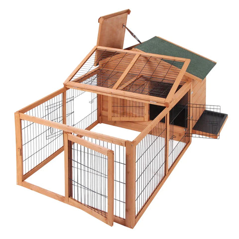 Rootz Small Animal Hutch - Wooden Rabbit Hutch - Rabbit Cage - Pet House - Openable Run & Roof Slide-out Tray - 58" x 37" x 27"
