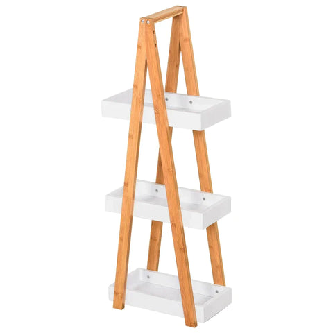 Rootz Bathroom Shelf - Bath Shelf - 3 Tier Stair Shelf - Ladder Shelf - Shelf - Bamboo - White - 30 x 18 x 81 cm