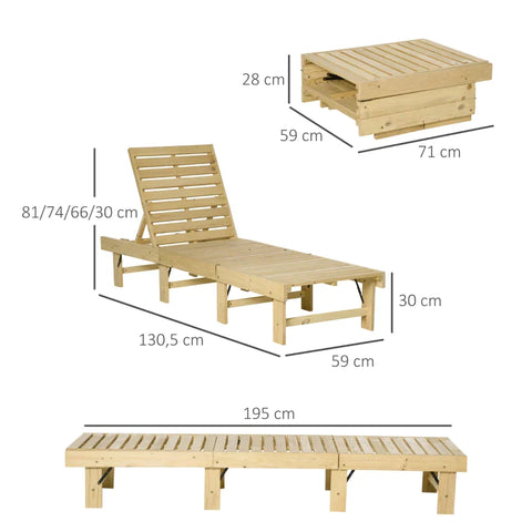 Rootz Lounge Chair - 4-Step Garden Lounger - Sun Lounger - Deck Chair - Garden Furniture - Foldable Adjustable - Pine Wood - Natural - 195 x 59 x 30 cm