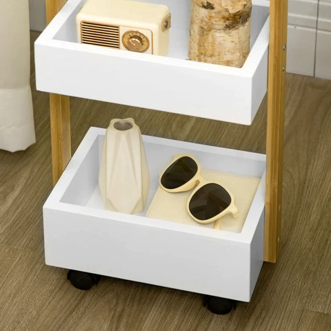 Rootz Rollable Shelf With 3 Storage Baskets - Bamboo Frame - 4 Wheels - Serving Trolley - MDF - White + Natural - 28 x 18 x 75 cm