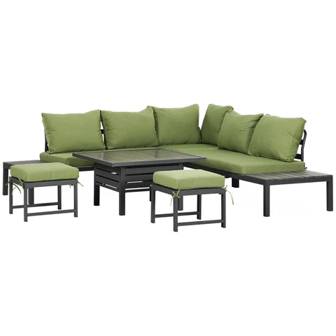 Rootz Garden Furniture Set - Patio Seating Group For 6 People - Height-adjustable Table - Aluminum Frame - Green + Gray - 154L x 75W x 68H cm