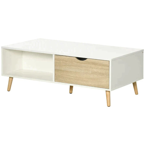 Rootz Couchtisch – Beistelltisch – Esszimmertisch – 2 Regale – 2 Schubladen – Spanplatte – Weiß/Natur – 106 cm x 58 cm x 39,5 cm