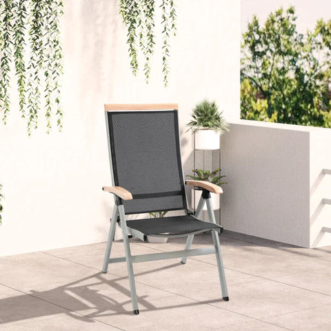 Rootz Lounge Chair – Gartenstuhl mit verstellbarer Rückenlehne – Alu + Netz – Schwarz + Silber – 61 x 64 x 112 cm