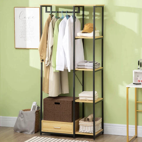 Rootz Garderobenständer – Kleiderschrank – Industriedesign – 1 Schublade – 1 Kleiderstange – 4 Einlegeböden – Stahl/Spanplatte – Schwarz/Natur – 77 cm x 39 cm x 180 cm