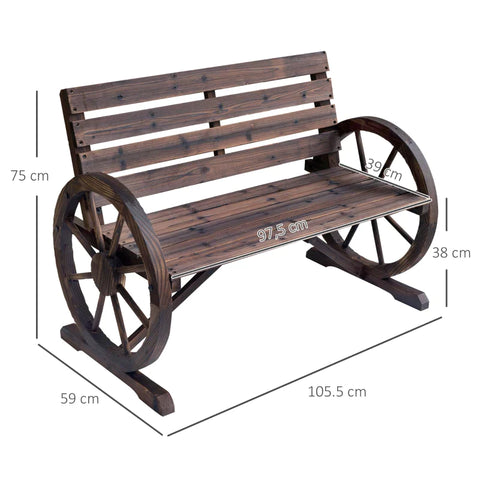 Rootz Garden Bench - 2-seater Bench - Wooden Bench - Wagon Wheel Chair - Wood Brown - 105.5 x 59 x 75 cm