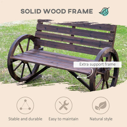 Rootz Garden Bench - 2-seater Bench - Wooden Bench - Wagon Wheel Chair - Wood Brown - 105.5 x 59 x 75 cm