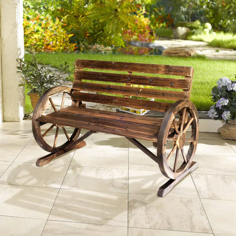 Rootz Garden Bench - 2-seater Bench - Wooden Bench - Wagon Wheel Chair - Wood Brown - 105.5 x 59 x 75 cm