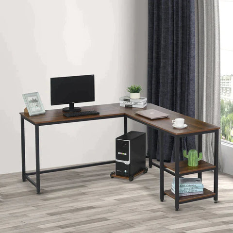Rootz Computer Desk - L Shaped Corner Desk - Office Table - MDF+ Steel - Walnut/Black - 150 x 15 x 76cm